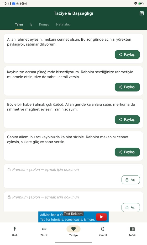 Taziye mesajları ekranı